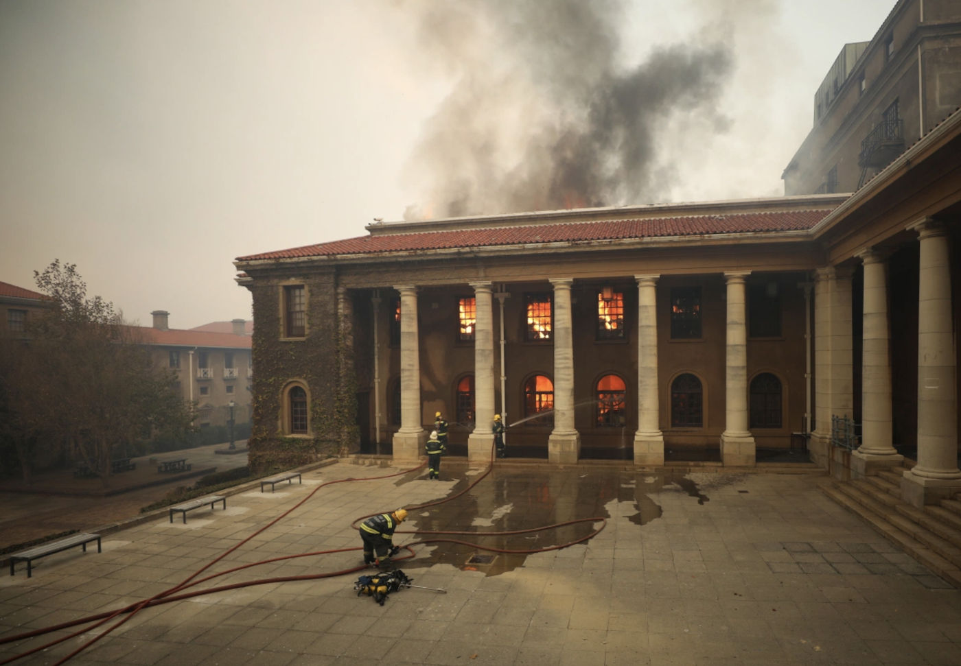 An image of Jagger Library at the University of Cape Town on fire.