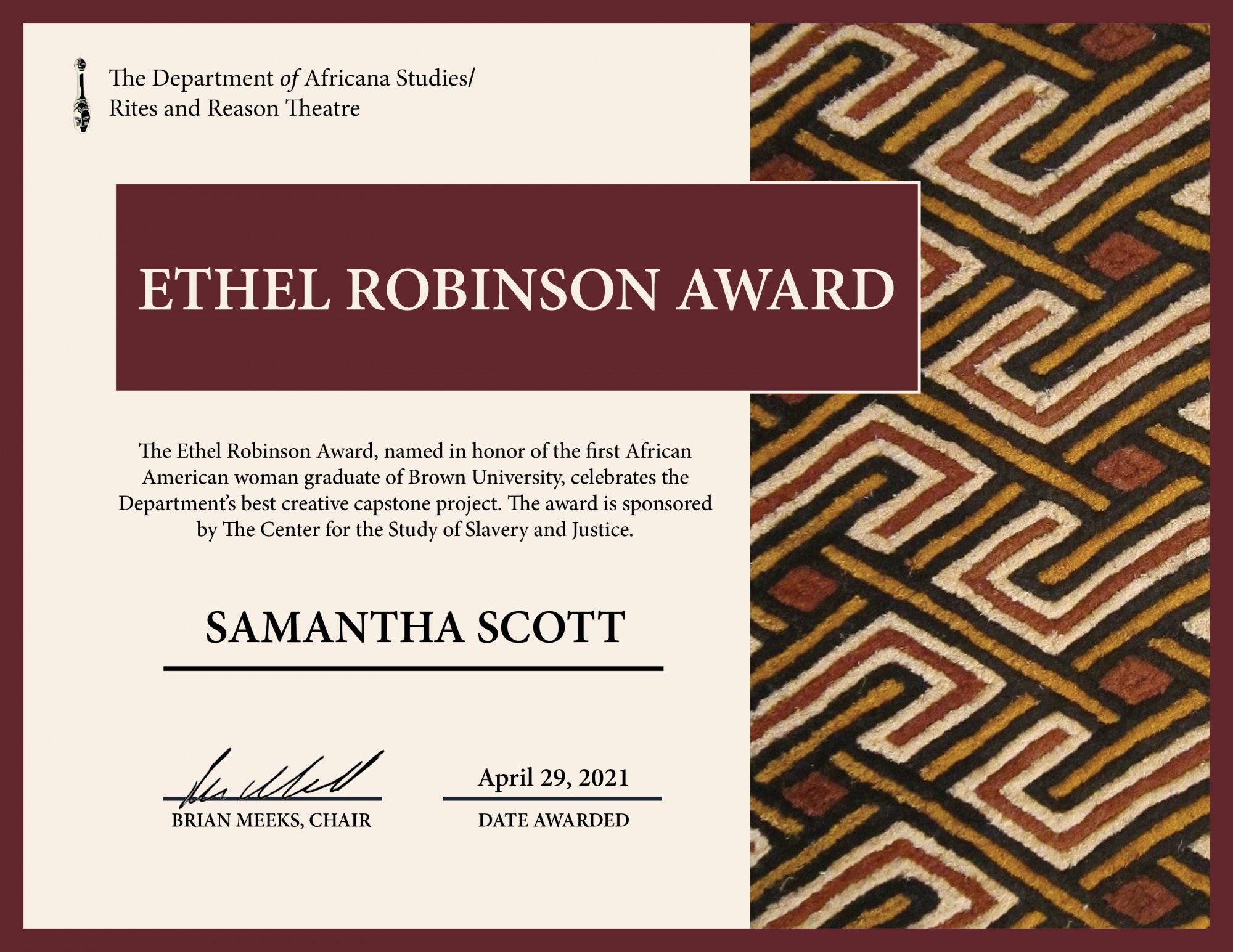 Ethel Robinson Award, Samantha Scott