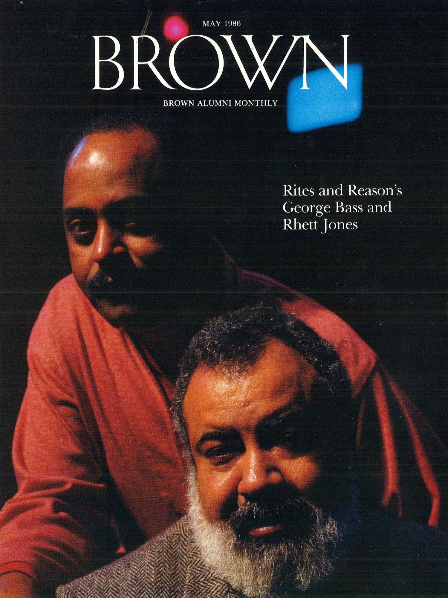 A scanned image of George Houston Bass and Rhett S. Jones on the cover of Brown Alumni Monthly, May 1986